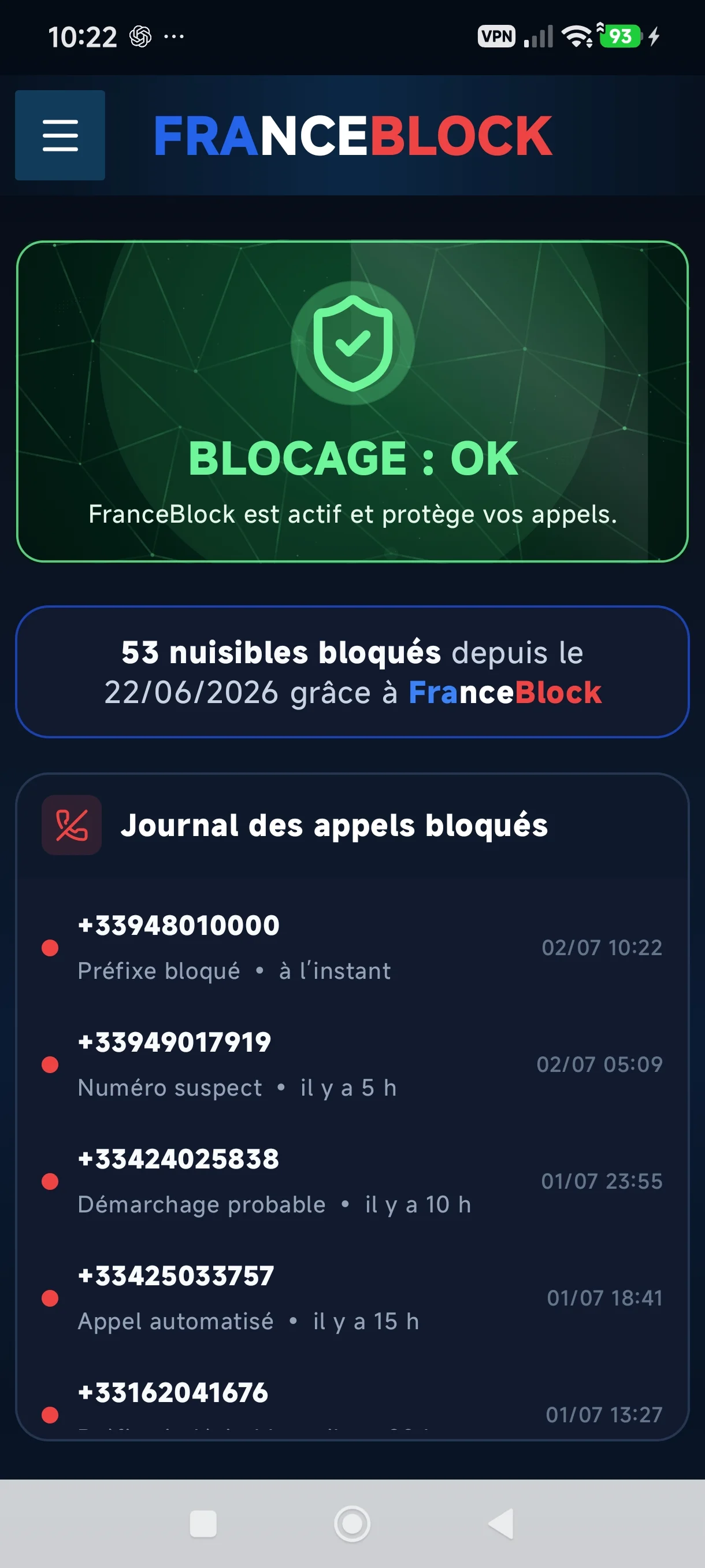 Écran principal de l’application FranceBlock avec la protection active