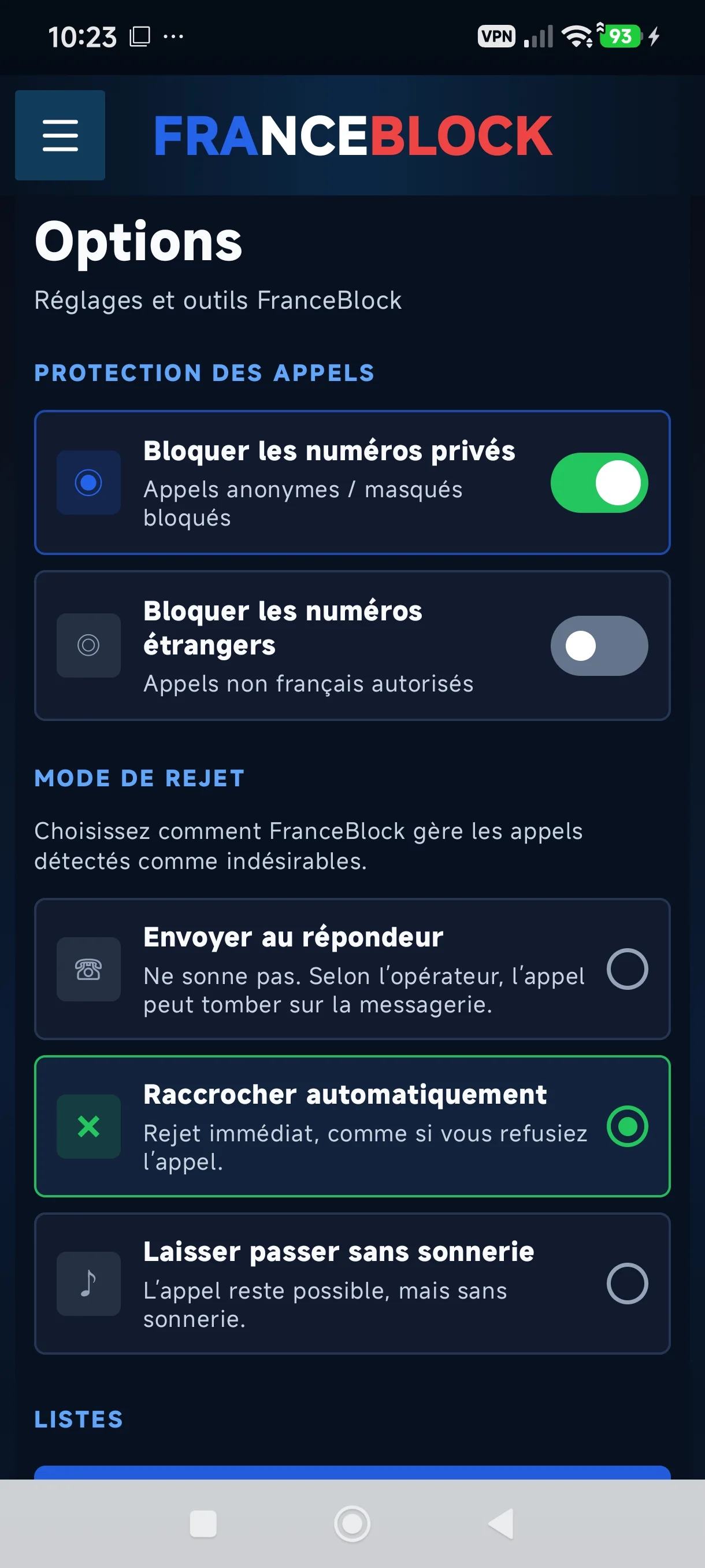 Options de filtrage et de blocage dans FranceBlock