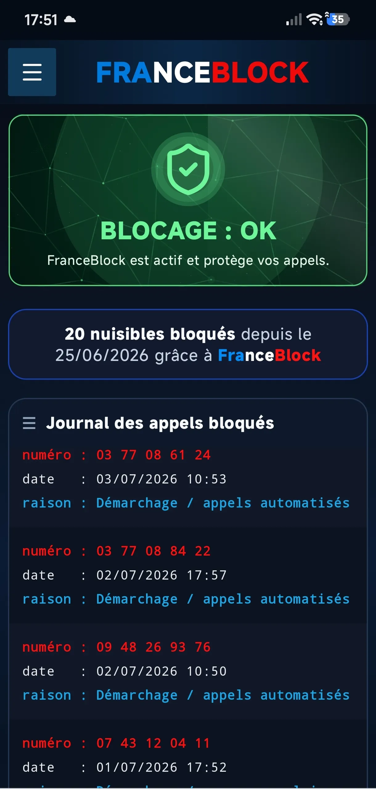 Tableau de bord FranceBlock avec blocage actif