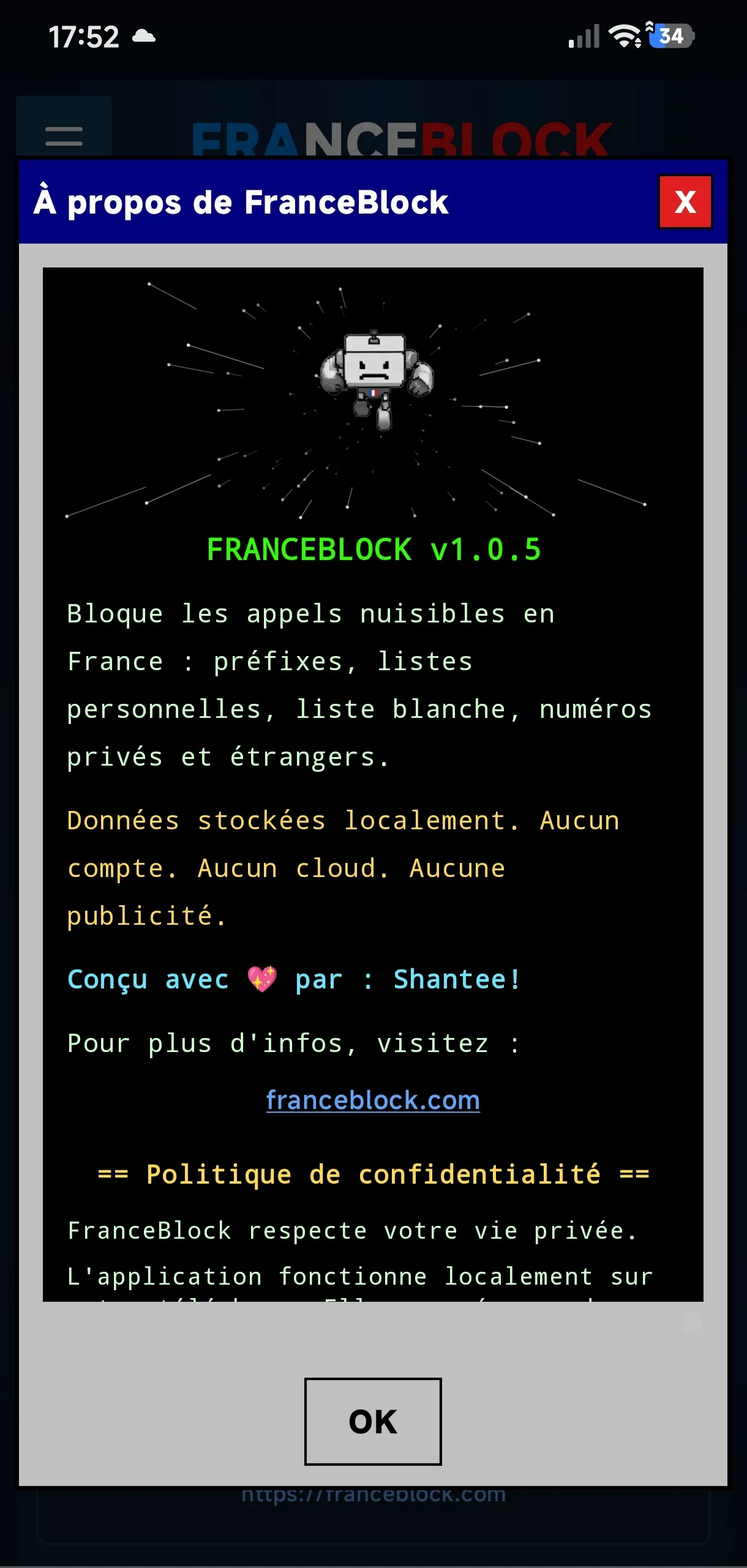 Fenêtre à propos de FranceBlock